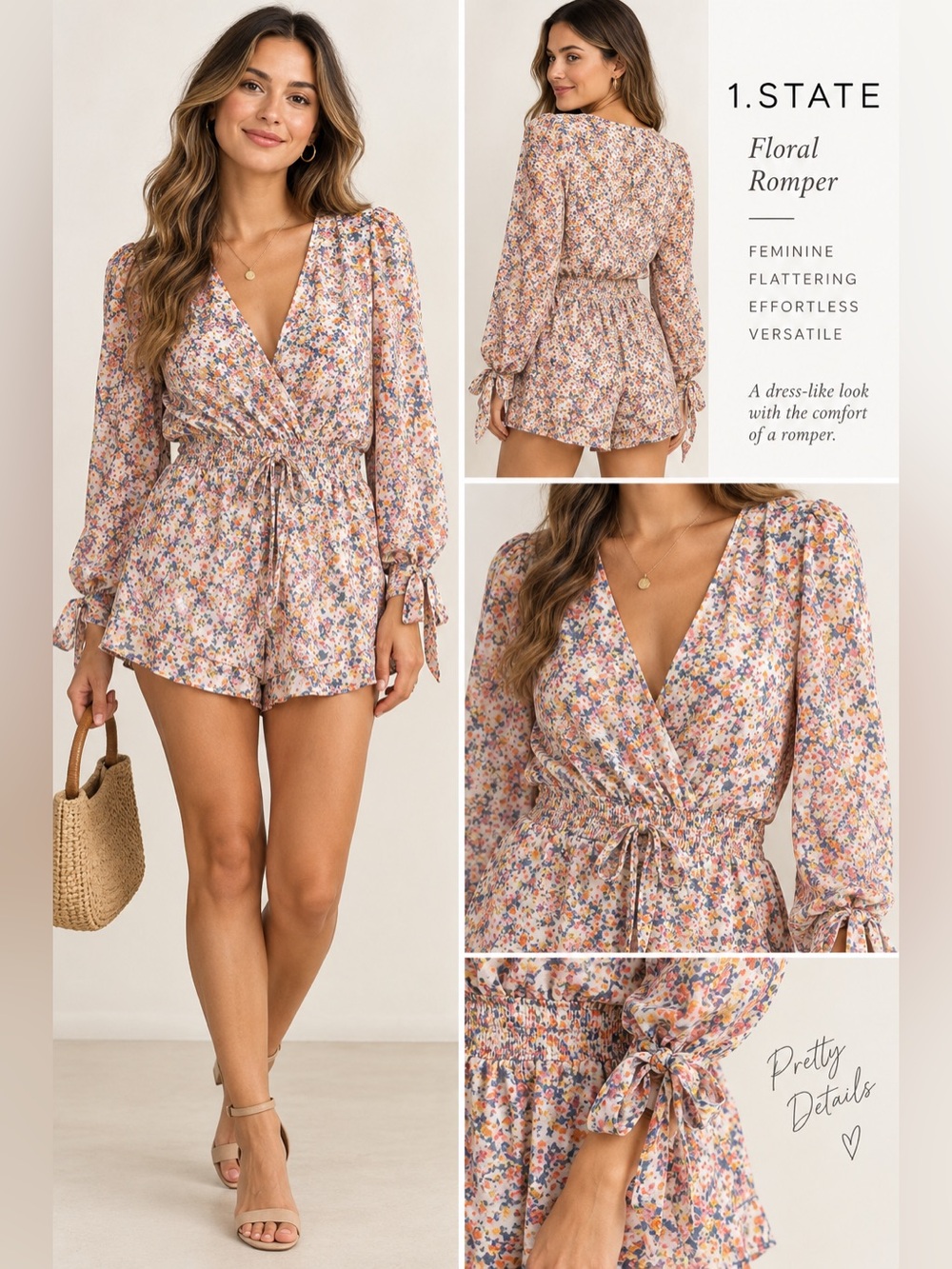 1.STATE Floral Romper Small Smocked Waist Long Sleeve Tie Cuff Boho
